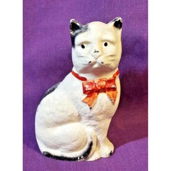 John Wright Grey Iron Casting Company Penny Bank Cast Iron Cat Bank Red Bow - Picture 2 of 6